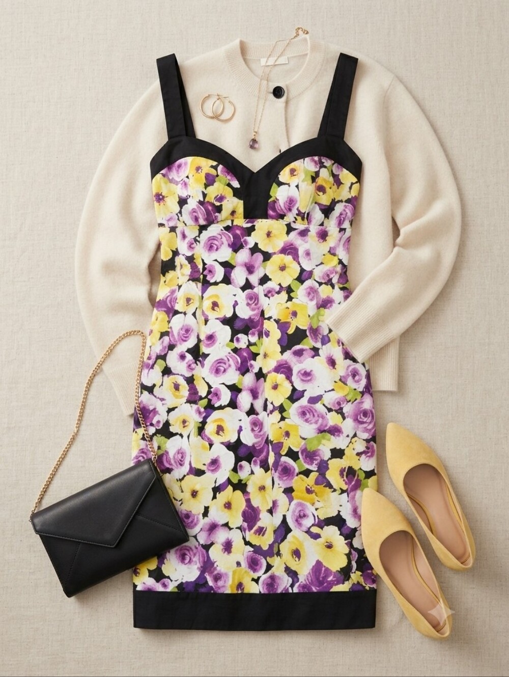 90s Y2K B. Smart Floral Sheath Dress in Purple, Yellow & Black